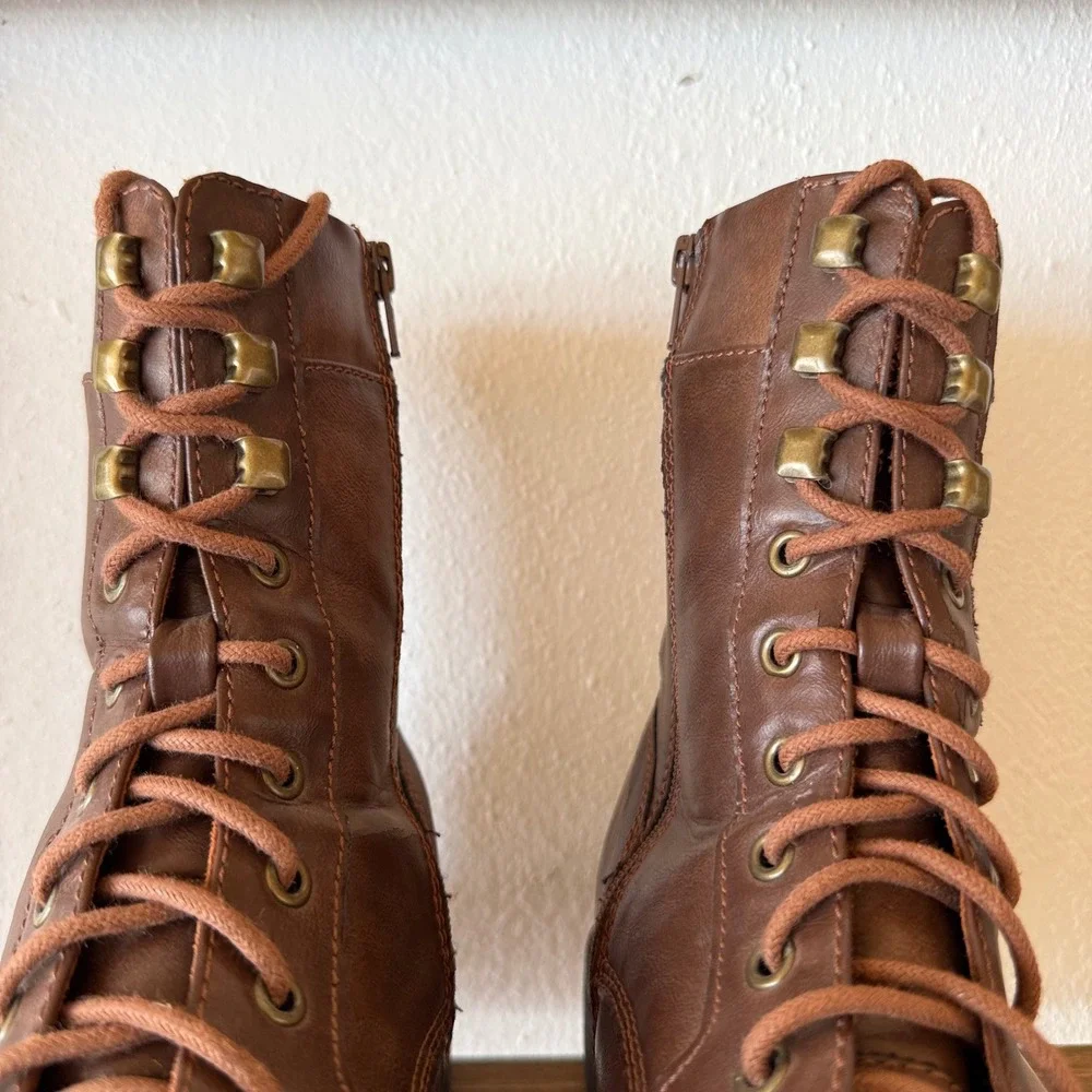Frye & Co Kane Mens 11M Brown Combat Boots Cap Toe Lace Up Side Zip